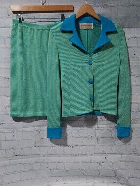 Jennifer Roberts Size 4 Suit Wool Blend Interview Outfit Green Blue Pageant